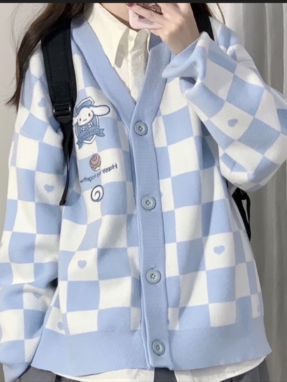 Light Blue Checkered Knit Cardigan with Sanrio character